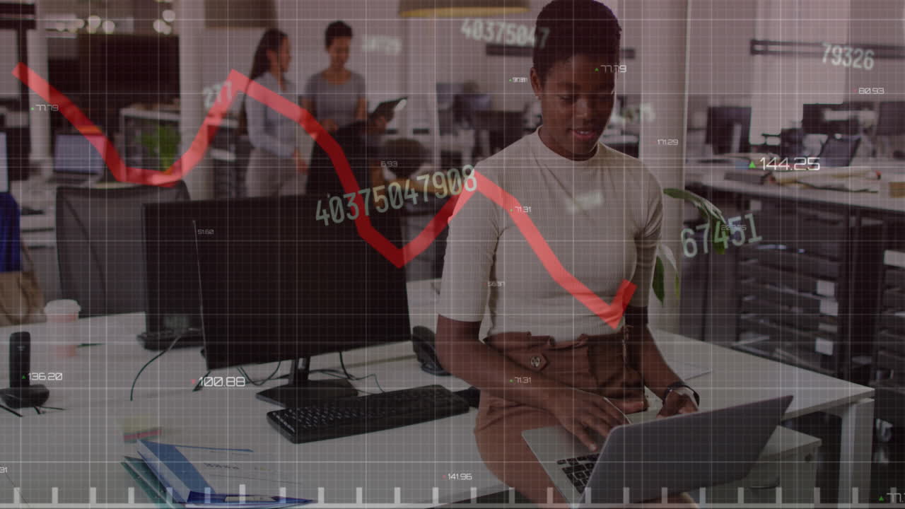Animation of statistical data processing against african american woman using laptop at office