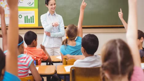 Animation-of-smiling-female-school-teacher-in-classroom-with-children-raising-hands