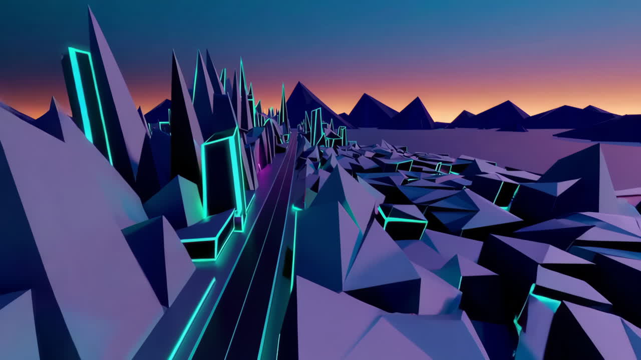 Cyberpunk Low Poly Cityscape at Sunset