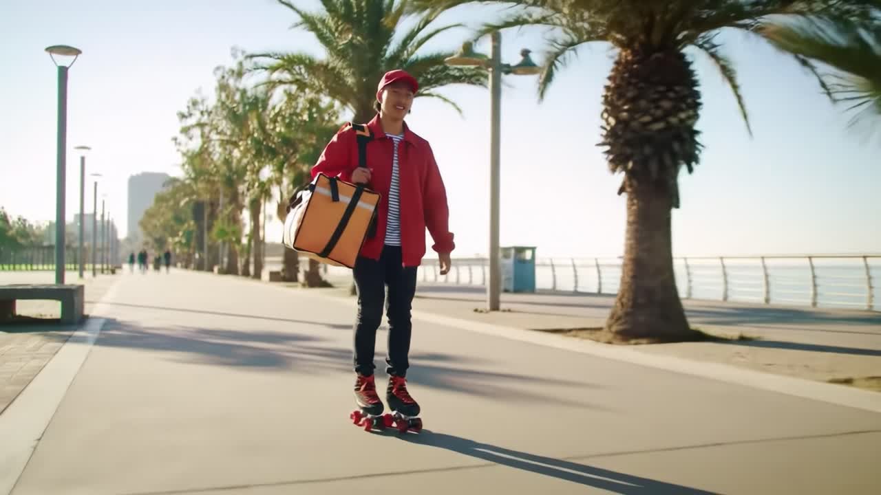 A delivery person on roller skates glides effortlessly along a beautiful waterfront promenade under clear skies. Palms sway in the gentle breeze as they carry a bright delivery bag.