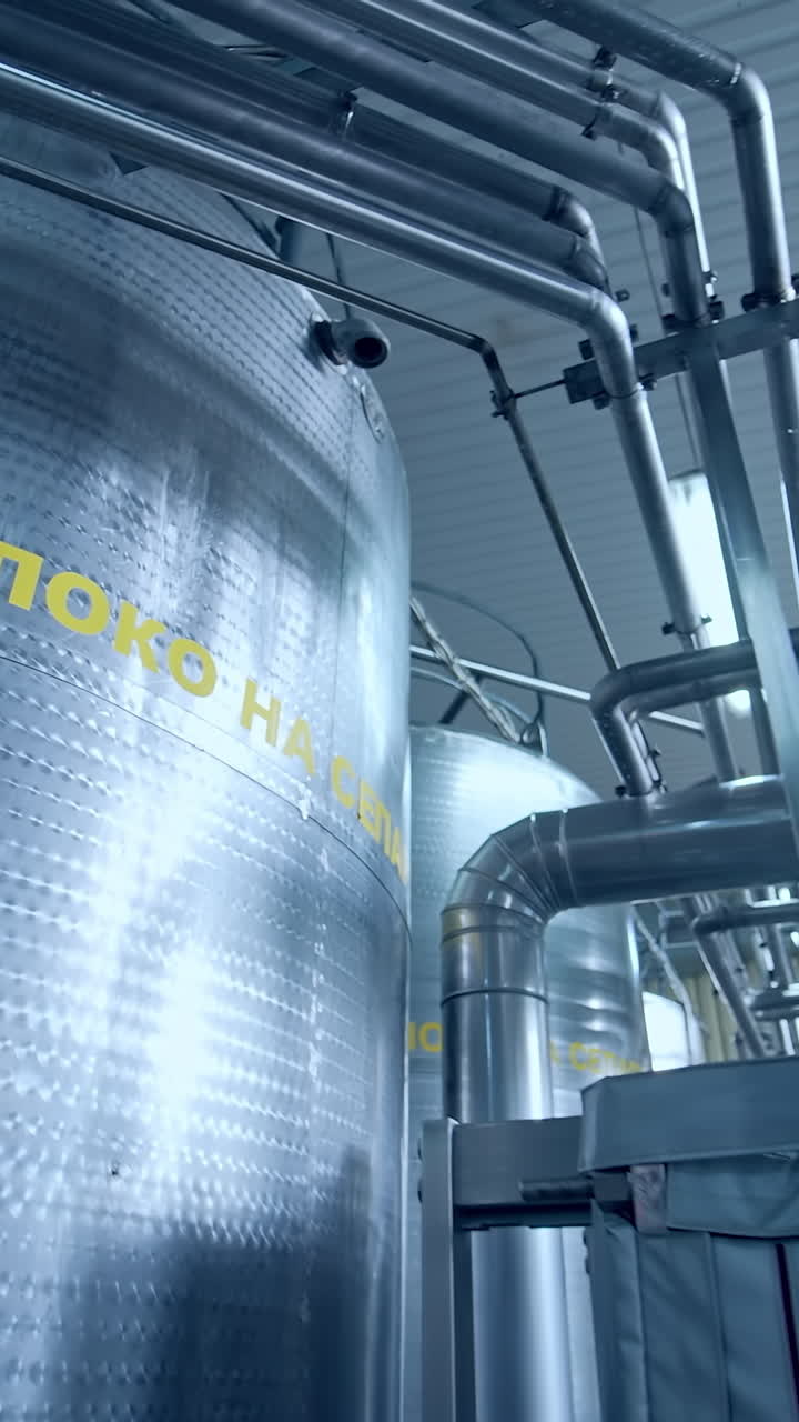 Industrial dairy production factory. Metallic stainless steel pipes in modern dairy plant