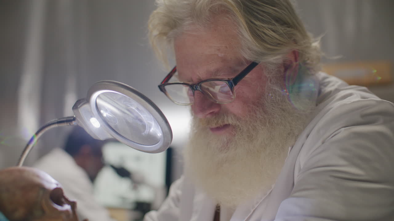 Senior Scientist Studying Skull and Writing Results of Archaeological Research