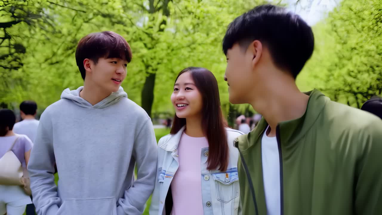 Three young people are walking in a park, smiling