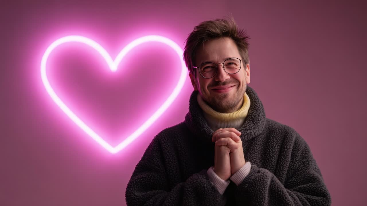 A Warm Smile Illuminated by a Neon Heart: Capturing the Joy of Connection and Affection in a Charming Setting