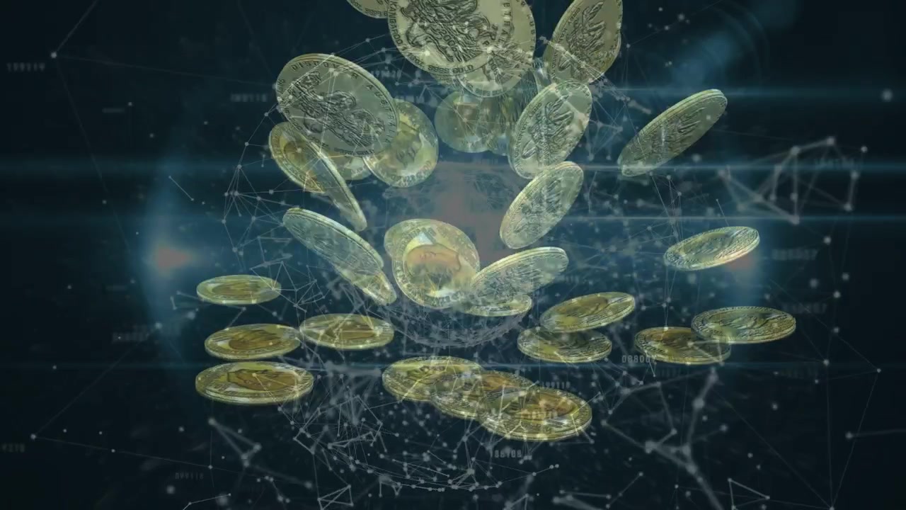 Esfera de rede digital pulsando enquanto uma chuva de moedas de ouro começa do topo, mostrando o fluxo de valor.