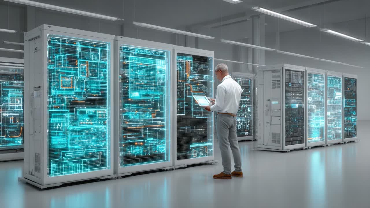 A Professional Examining Advanced Data Storage Solutions in a Modern Server Room, Showcasing High-Tech Server Racks with Illuminated Circuitry and Complex Data Designs