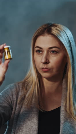 skeptical blonde woman holds small pill bottle with new supplement sitting in semi-dark office with glowing lamp in evening close view slow motion