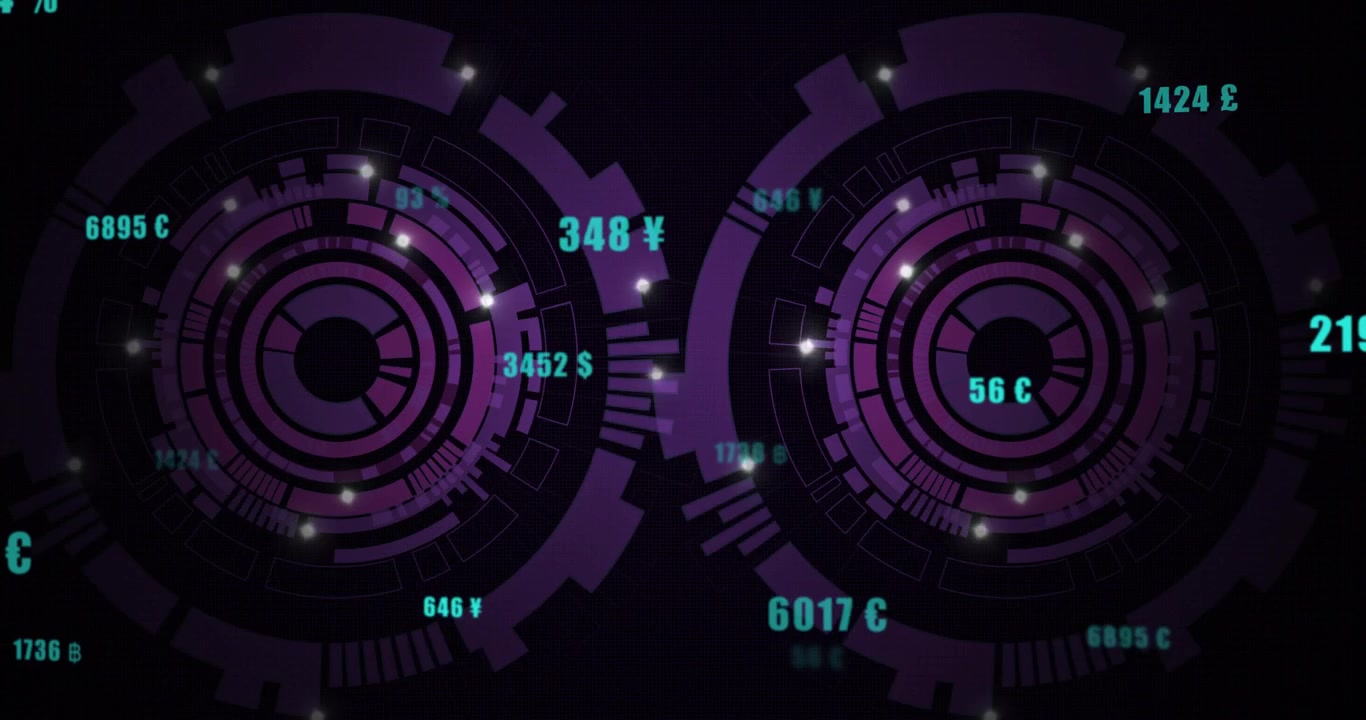 Dual purple HUD rings with teal readout changing, pulsing and updating currency symbols for finance