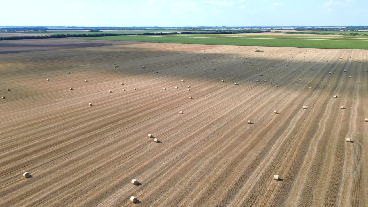 This video captures a stunning aerial perspective of a vast harvested field, showcasing numerous hay bales across the landscape. The view highlights the expansive agricultural land after harvest