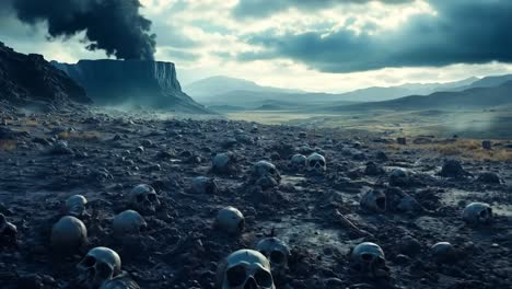 a large group of skulls in the middle of a desert