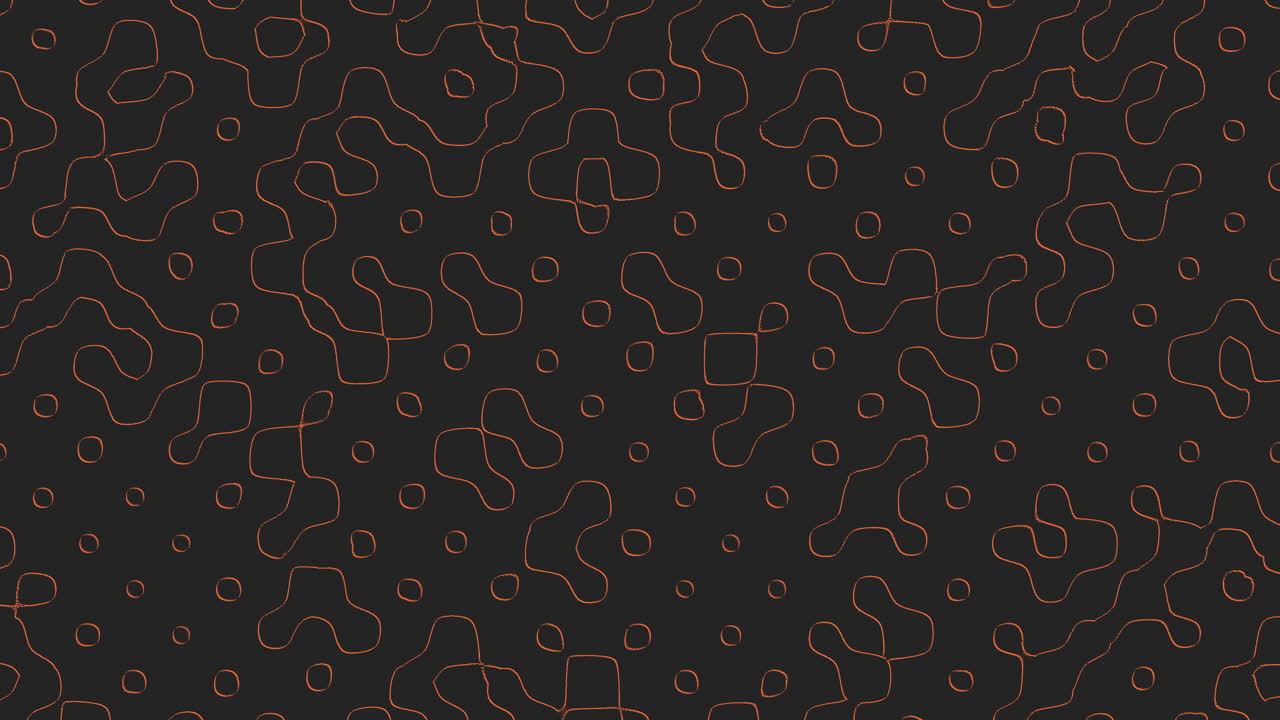 Seamless dark abstract footage featuring a glowing orange organic contour pattern with rounded shapes and dots, ideal as a modern tech background, overlay, or motion design element