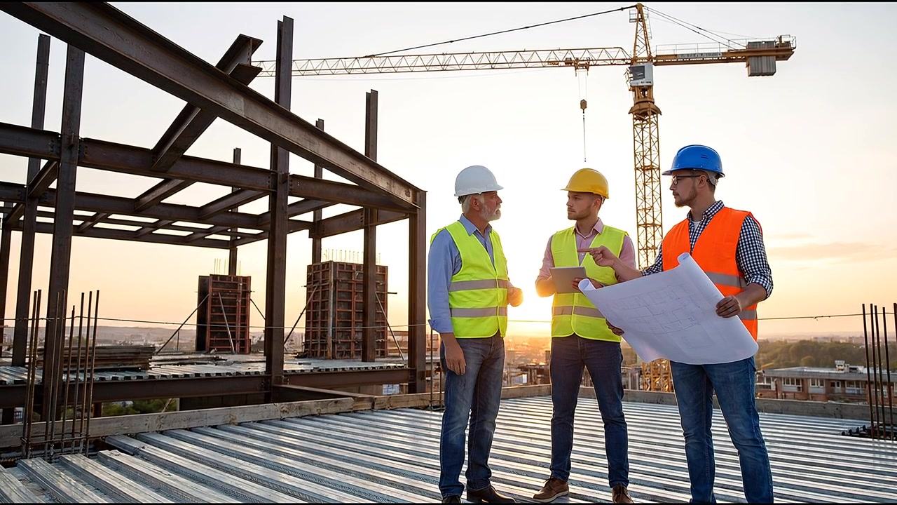 Construction engineers reviewing steel framework plans at active building site with cranes during sunset