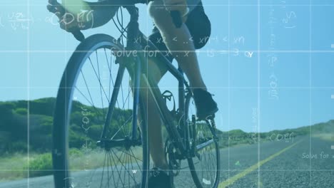 mathematical equations over grid lines against man cycling on the road