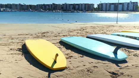 chillen am strand, mit surfbrettern, die in einem tandem am strand von santa monica, kalifornien, aufgereiht sind