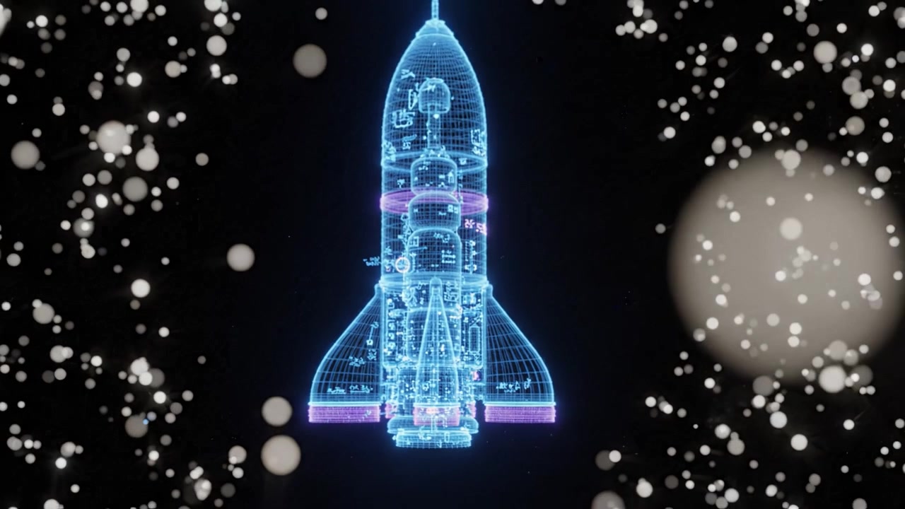 A Stunning Digital Visualization of a Space Rocket in a Futuristic Design, Emanating a High-Tech Glow Amidst a Starry Background of Cosmic Wonder