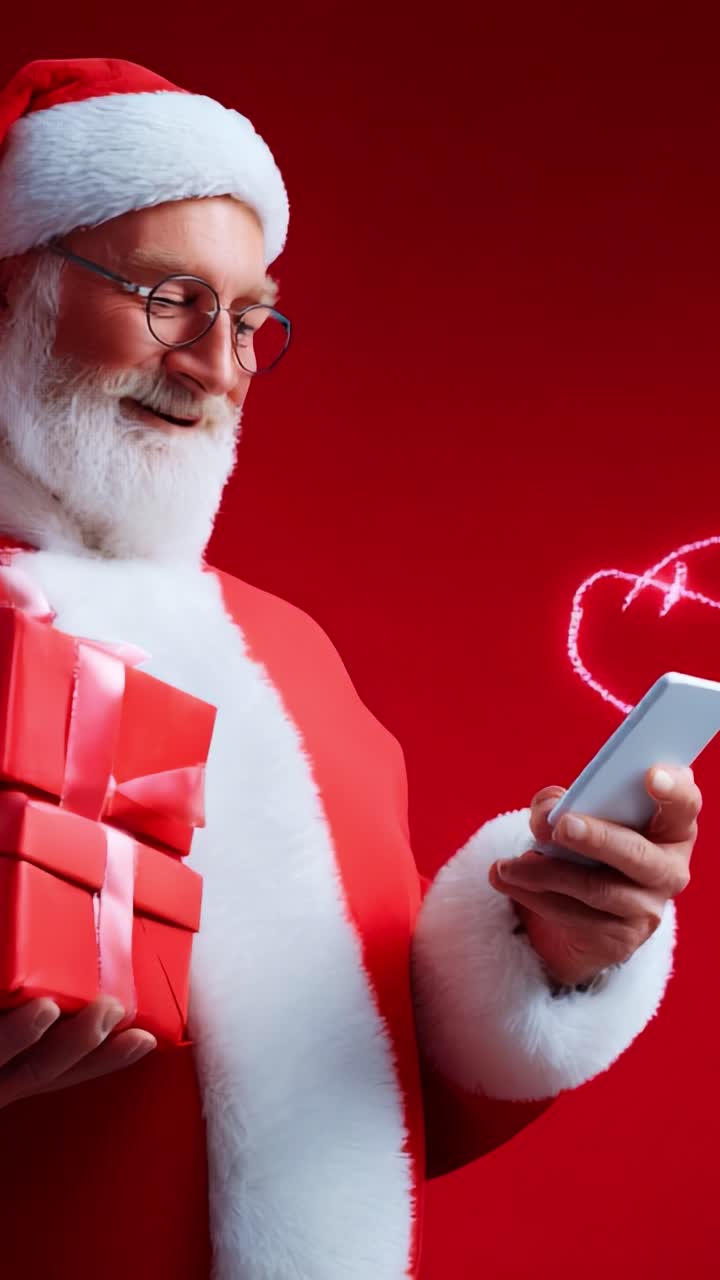 A Jolly Character in a Festive Red Suit Engaging with a Smartphone, Holding Colorful Wrapped Presents, Surrounded by Vibrant Decorations, Capturing Holiday Cheer and Modern Connection
