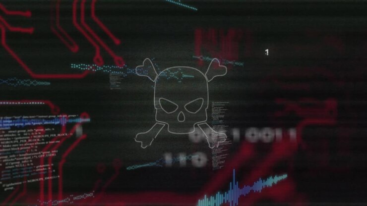 Skull and crossbones animation over digital circuit and binary code background