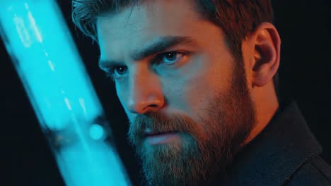 portrait of a bearded man with blue light