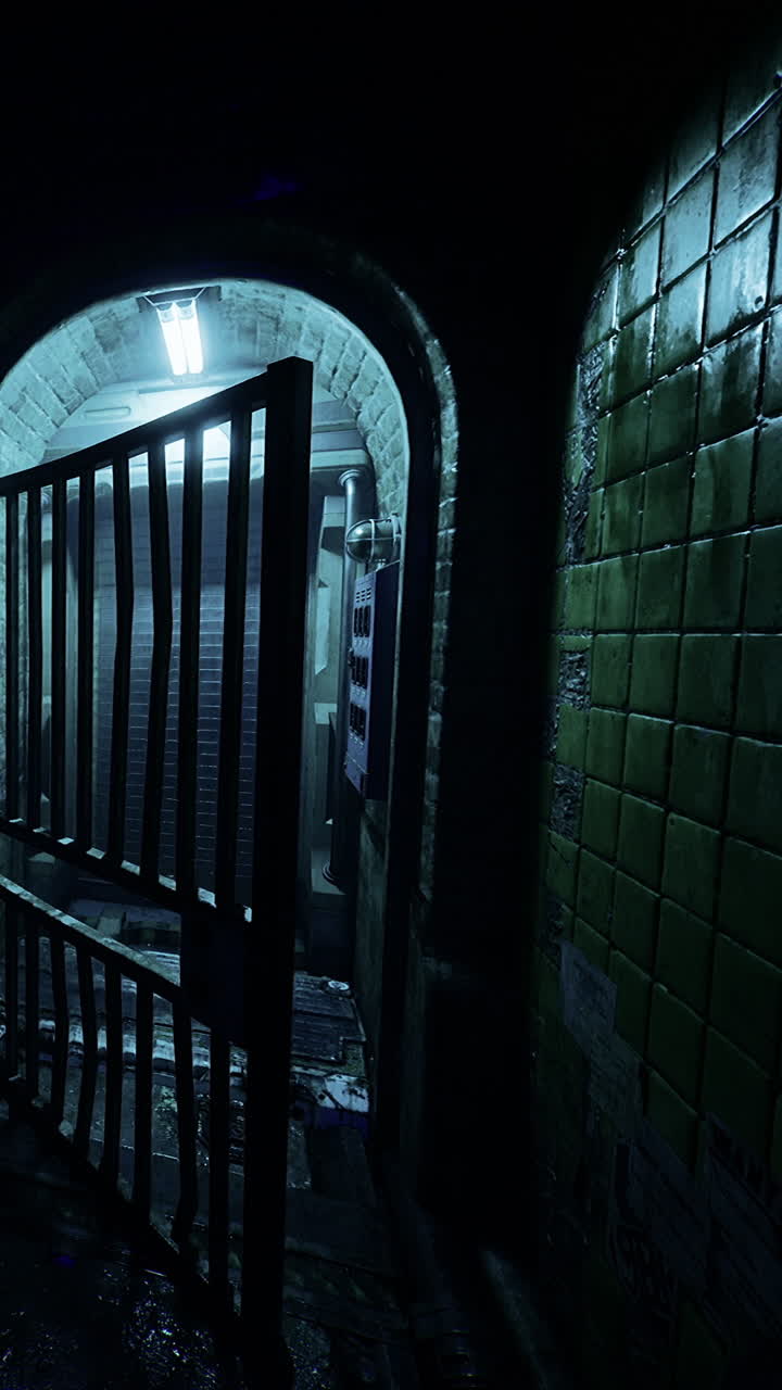 Gate leads to dark alley with light and wet walls at night