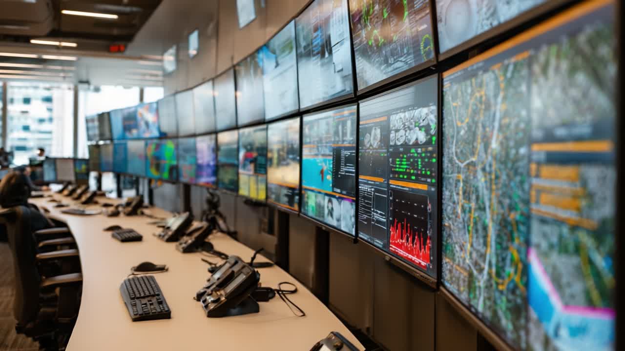 Sala di controllo ad alta tecnologia con monitor multipli che mostrano dati e analisi in tempo reale, fornendo intuizioni per la consapevolezza situazionale e il processo decisionale.