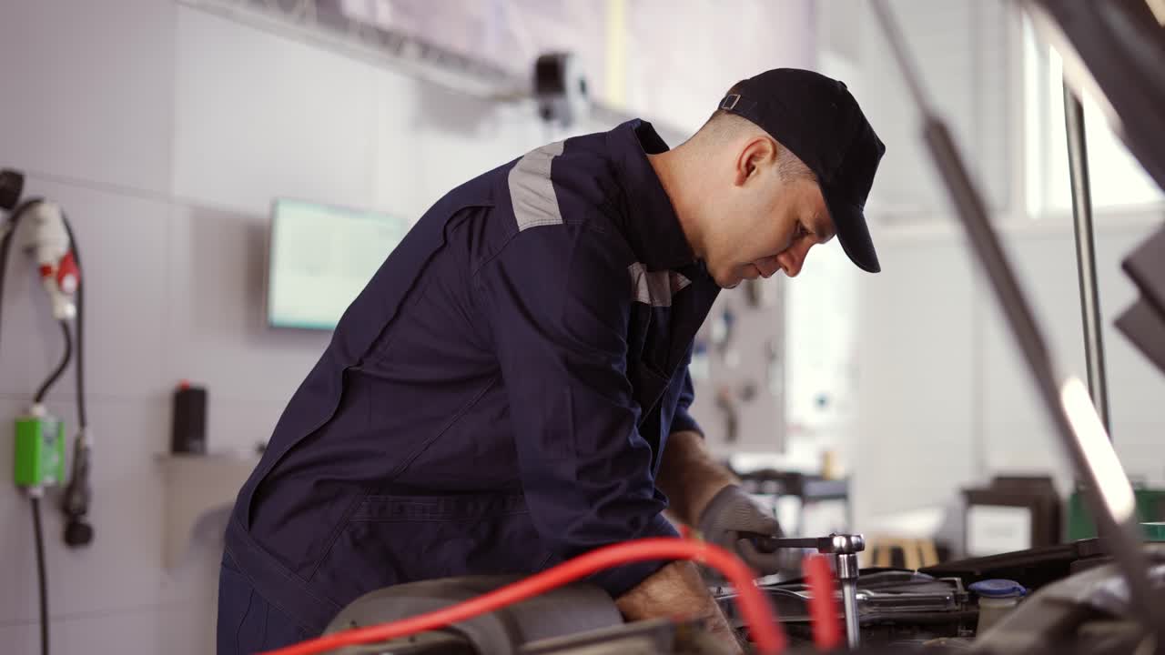 mecánico de automóviles que usa llave inglesa para reparar el motor en un servicio de automóviles