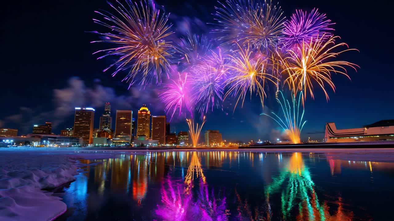 Captivating Nighttime Fireworks Display Envelopes the City Skyline with Vibrant Colors and Reflections, Creating a Stunning Visual Experience Against a Wintery Backdrop of Ice and Water