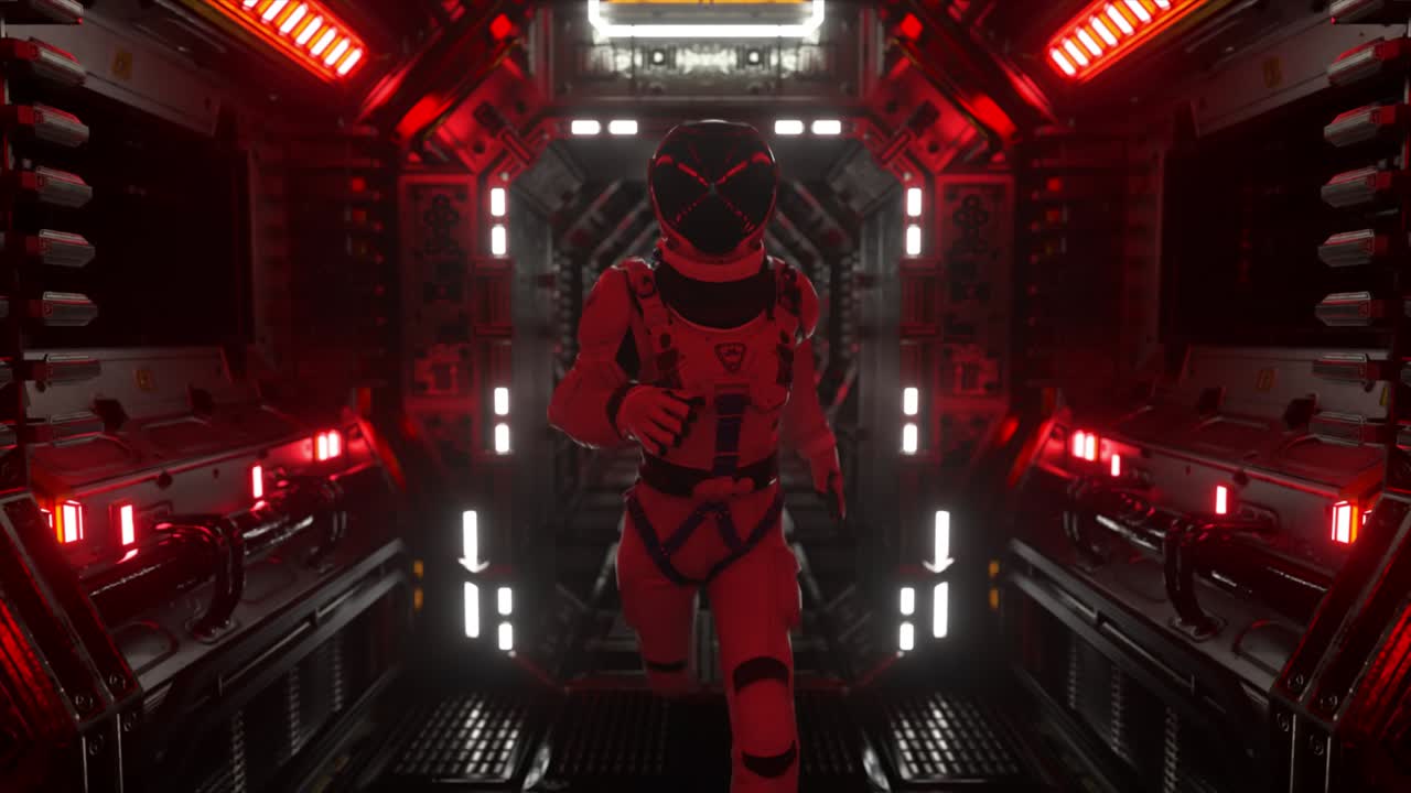 Astronaut runs through a tunnel to another compartment of the space gate. Spaceship and technology concept. 4k animation of seamless loop
