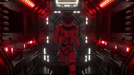 astronaut runs through a tunnel to another compartment of the space gate. spaceship and technology concept. 4k animation of seamless loop