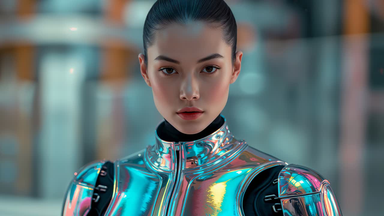 Camera zooming on Asian woman in holographic suit in lab, highlighting eyes and lips