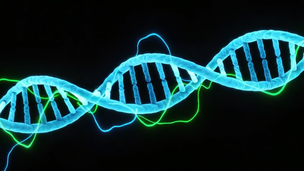A Stunning Visualization of DNA Double Helix Structure with Dynamic Fluorescent Waveforms Representing Genetic Activity and Molecular Interactions in an Abstract Form