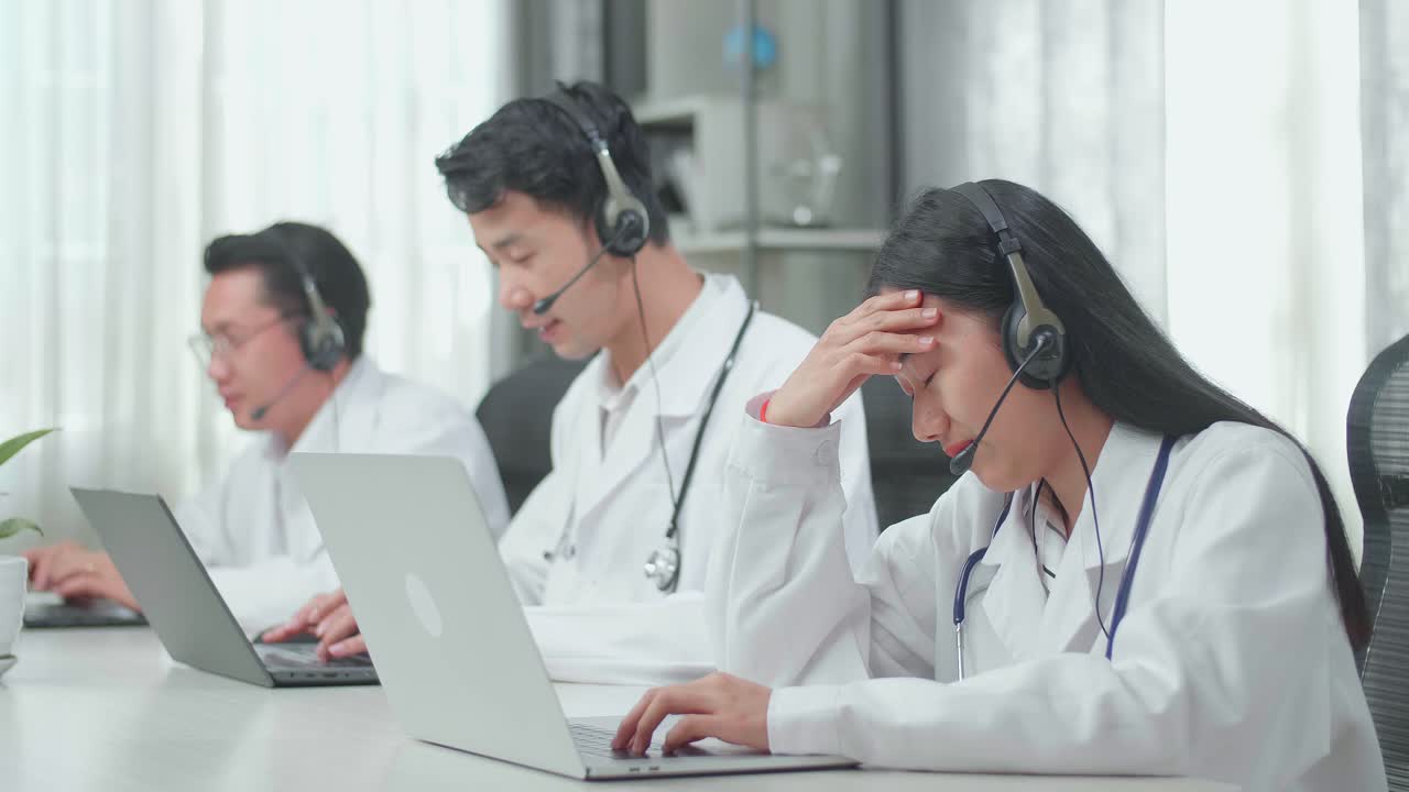 A Woman Of Three Asian Doctors With Stethoscopes In Headsets Working As Call Center Agent Is Tired Due To Working While Her Colleagues Are Speaking And Typing During The Call At The Office