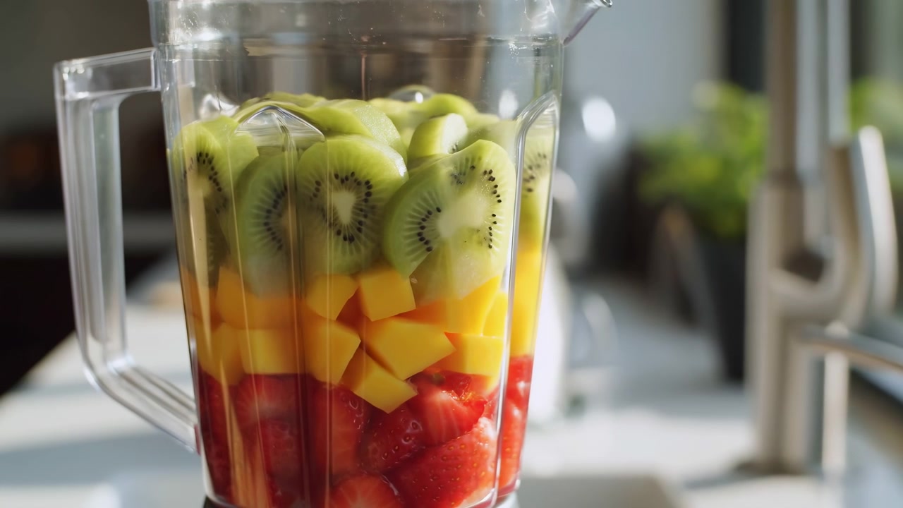 Bocal de mixeur en plastique transparent rempli de couches de fraises, mangues et kiwis sur un comptoir de cuisine, prêt pour la préparation de smoothies, sous une lumière naturelle vive, à côté d'un robinet et d'une plante d'intérieur