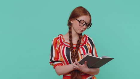 Thoughtful-journalist-girl-making-notes,-writing-down-thoughts-with-pen-into-notepad-notebook-diary