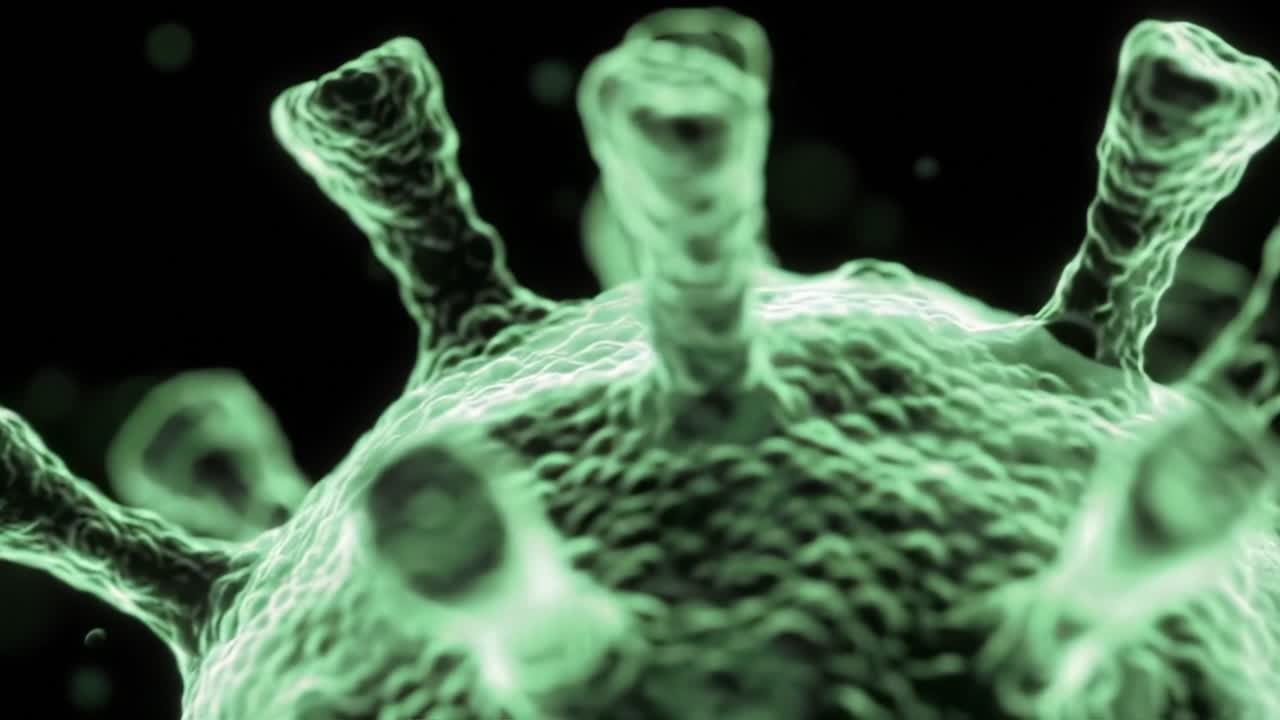 Intricate Details of a Viral Structure Illuminated in Green Light: A Close-Up View Revealing the Unique Features of Pathogenic Microorganisms at a Cellular Level