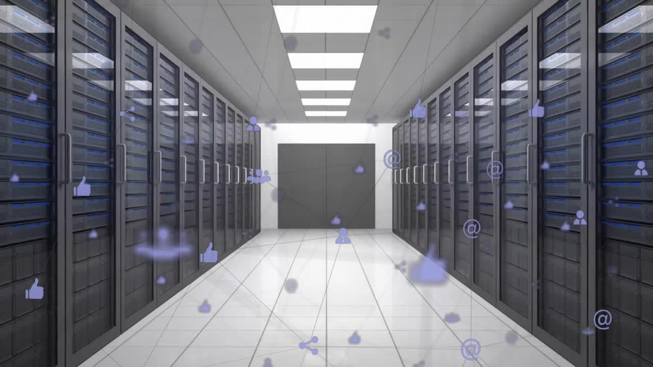 Animation of network of connections with icons over computer servers