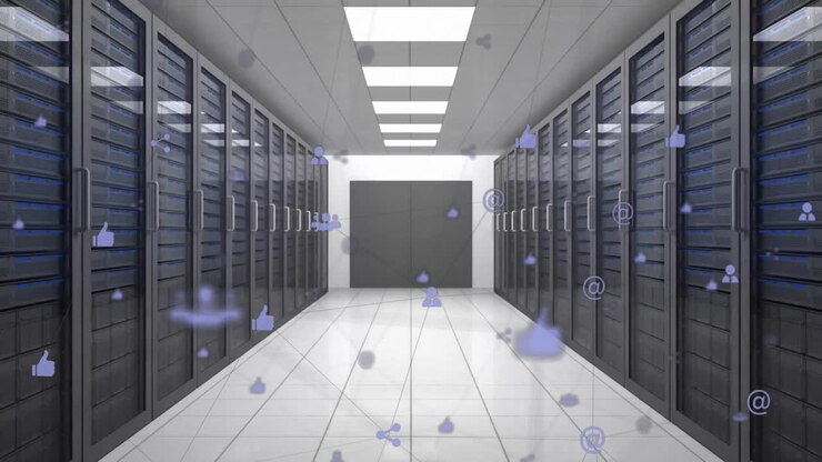 Animation of network of connections with icons over computer servers