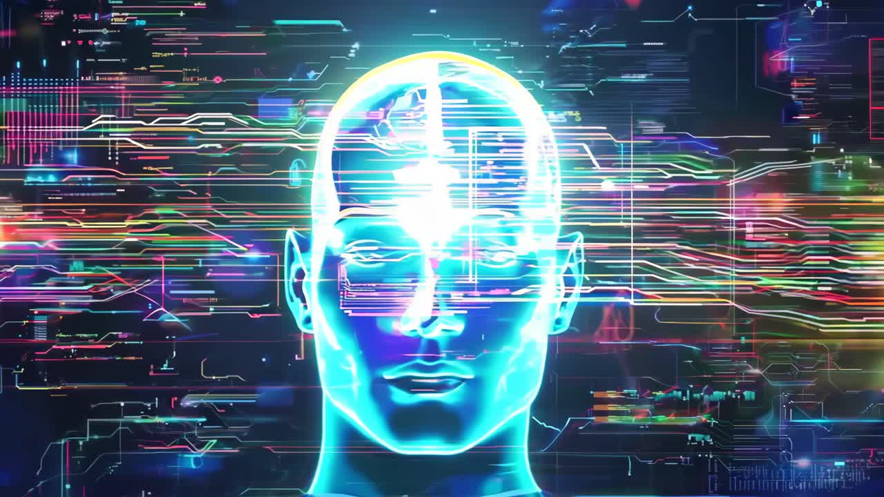 A computer generated image of a head with a brain and a face. The head is surrounded by a network of wires and circuits. Concept of technology and artificial intelligence