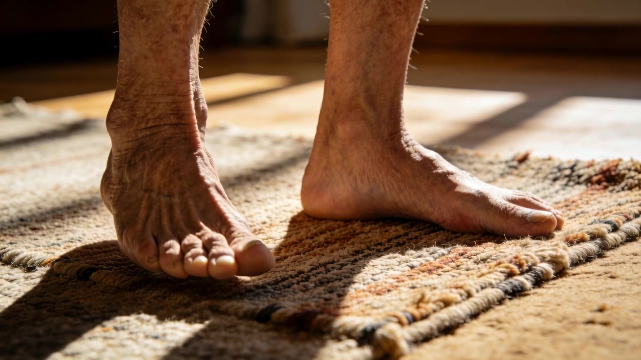 Reagendo alla luce del sole, un uomo anziano a piedi nudi arriccia le dita dei piedi e muove le caviglie su un tappeto intrecciato.