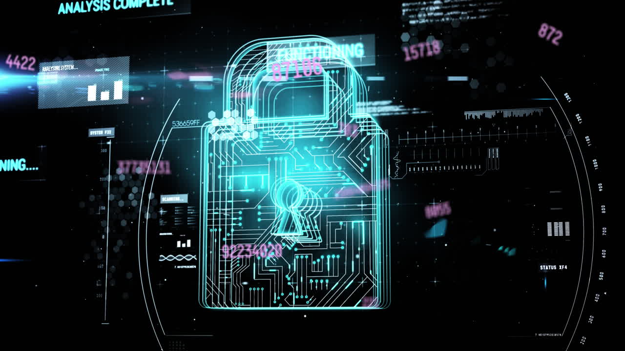Animation of scientific data processing over padlock icon on black background