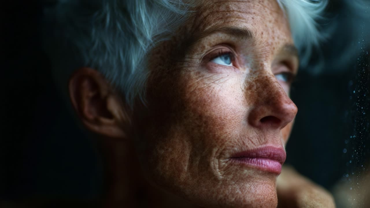 A reflective moment captured in close-up, showcasing the deep emotions and character of an elder with striking features, white hair, and a contemplative gaze through a window