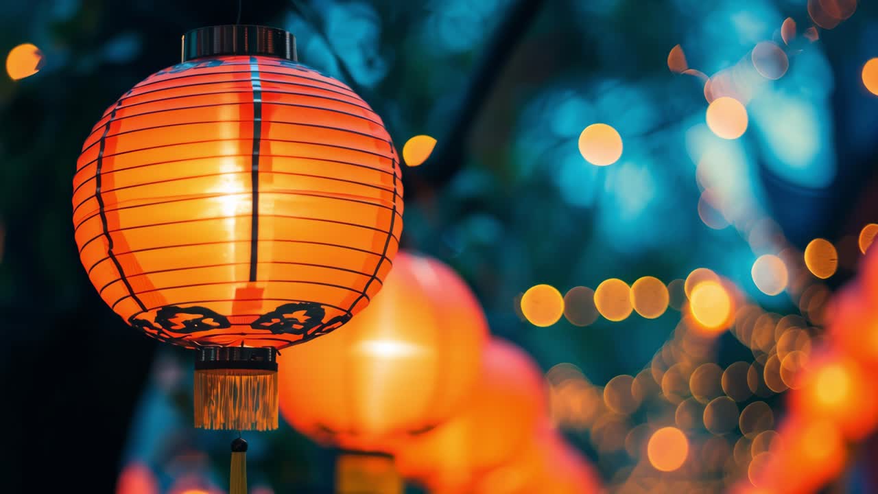 Hanging glowing lanterns creating a festive atmosphere during the lunar new year celebrations, symbolizing good luck, prosperity and happiness
