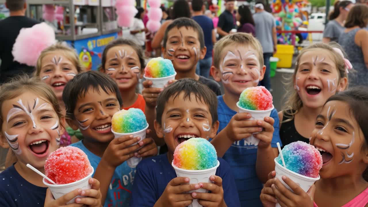 Joyful Children Celebrate with Colorful Snow Cones at a Fun Event, Showcasing Their Joy and Excitement in a Bright and Cheerful Atmosphere