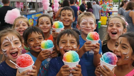 joyful children celebrate with colorful snow cones at a fun event, showcasing their joy and excitement in a bright and cheerful atmosphere