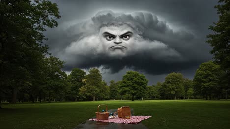 a dramatic picnic scene under an ominous sky: nature's mood swings manifested in a furious cloud overhead, threatening rain and disruption of serenity
