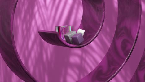 abstract 3d render of iridescent cubes and purple marble spiral