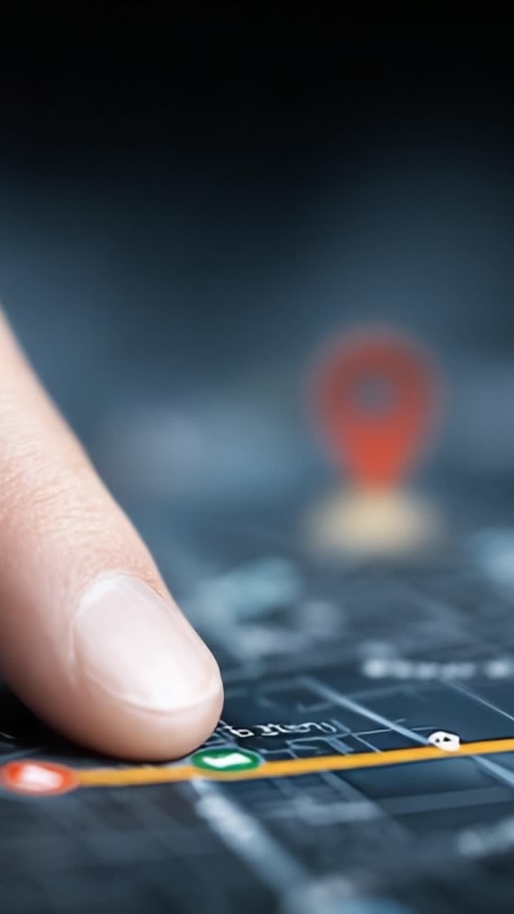 A Close-up View of a Finger Interacting with a Digital Map Interface, Highlighting Navigation Points and Location Markers in a Blurred Background