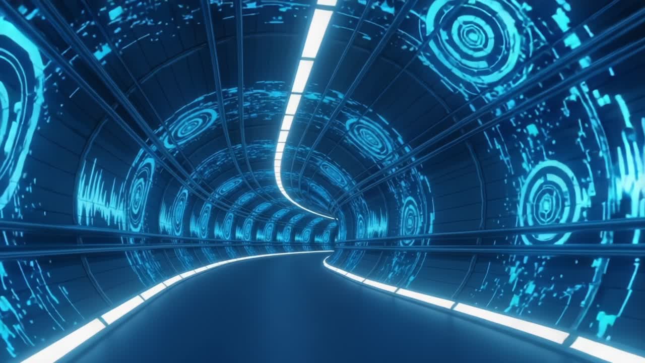 A Journey Through a Futuristic Tunnel: Visualizing Sound Waves and Light Patterns in a Dynamic, Curved Path of Technology and Digital Art