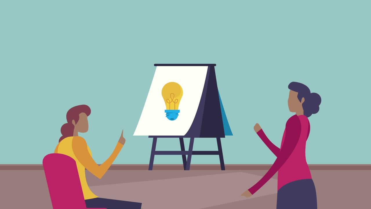 카드보드에서 여성과 전구와 함께 코치 애니메이션