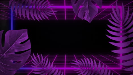 blue and purple neon frame with purple leaves on black background