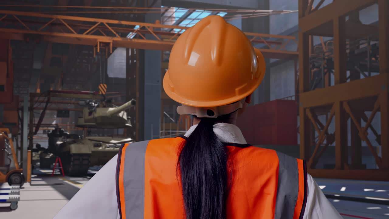 Primo piano da dietro di un'ingegnera con casco di sicurezza che si guarda intorno mentre sta in piedi a braccia conserte, carro armato militare in costruzione in uno stabilimento industriale